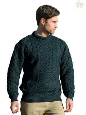Unisex Cable Knit Crew Neck 100% Wool Pullover Sweater